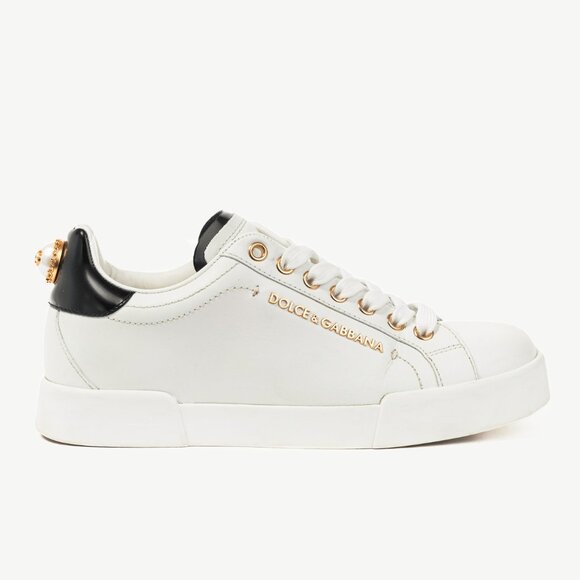 Dolce & Gabbana Portofino White Nappa Leather Pearl-Embellished Lace-Up Sneakers - Picture 1 of 10